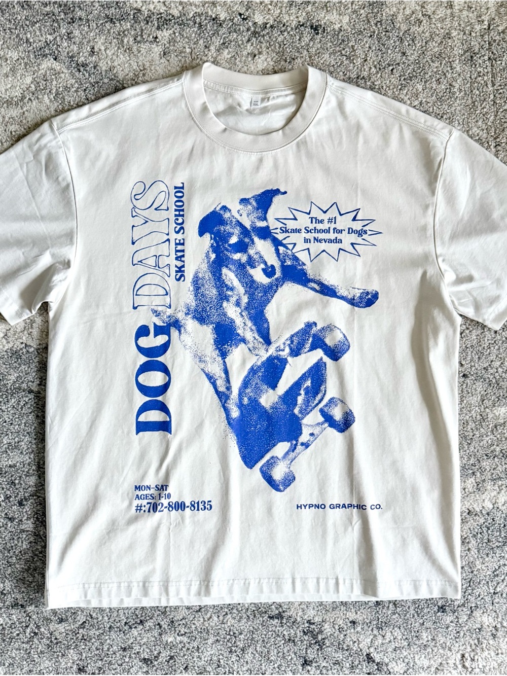 Dog Days Skate School Graphic Tee - White with Blue Print